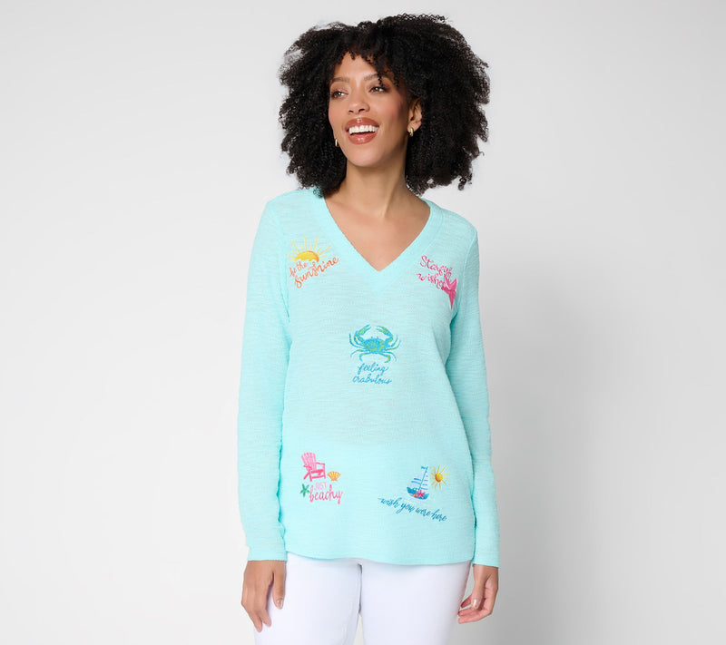 Belle Beach by Kim Gravel Sweatshirt Slub Sun & Sea V-Neck Top — View 12