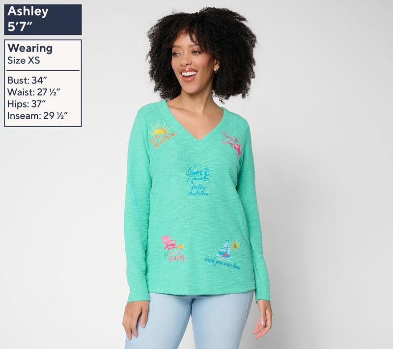 Belle Beach by Kim Gravel Sweatshirt Slub Sun & Sea V-Neck Top — View 3