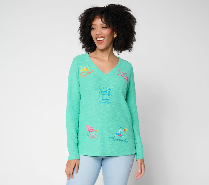 Belle Beach by Kim Gravel Sweatshirt Slub Sun & Sea V-Neck Top — View 13