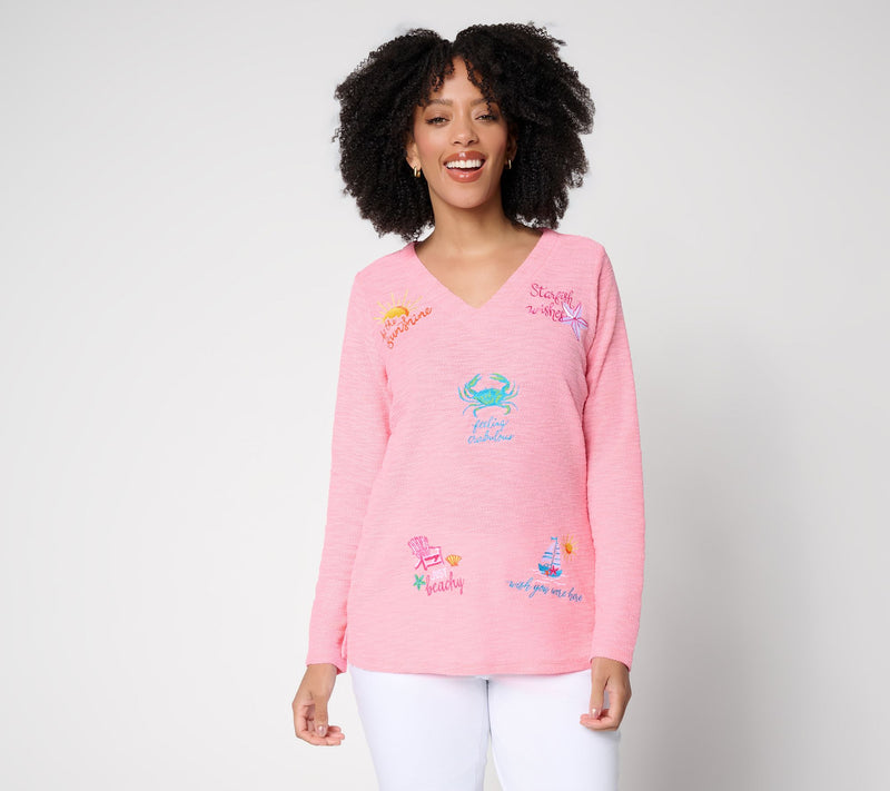 Belle Beach by Kim Gravel Sweatshirt Slub Sun & Sea V-Neck Top — View 14