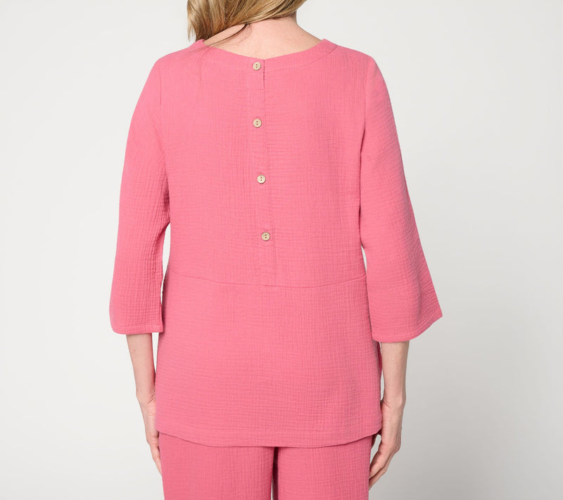 Joan Rivers Marshmallow Gauze Button-Back 3/4 Sleeve Top — View 4