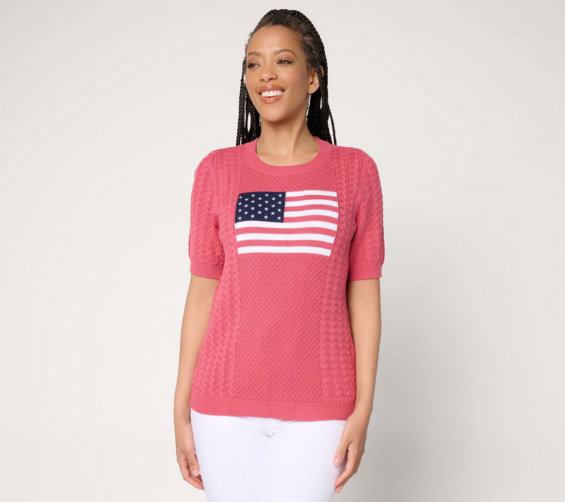 Joan Rivers 100% Cotton Cable Knit Elbow Sleeve Flag Sweater — Main view