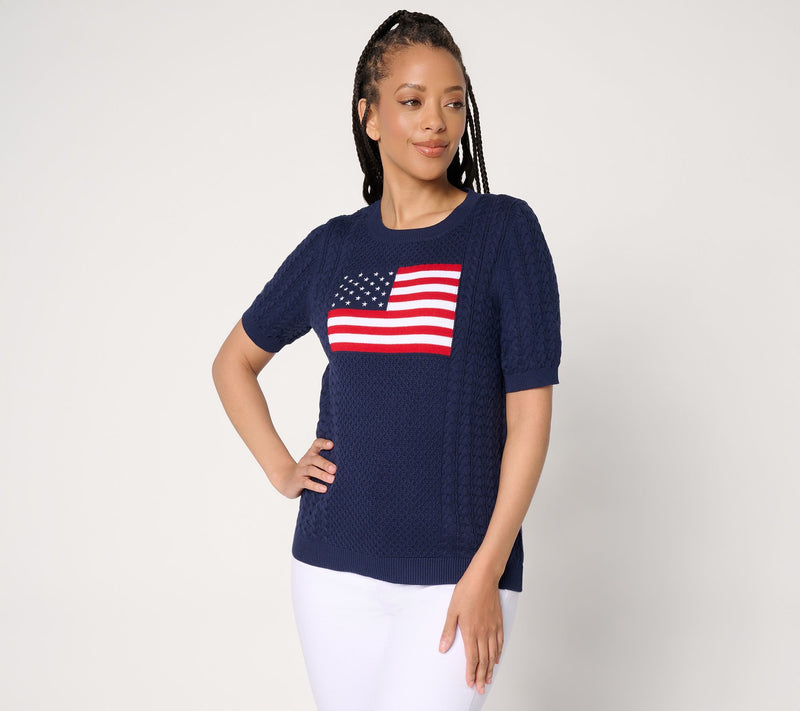 Joan Rivers 100% Cotton Cable Knit Elbow Sleeve Flag Sweater — View 12