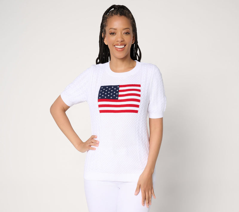 Joan Rivers 100% Cotton Cable Knit Elbow Sleeve Flag Sweater — View 13