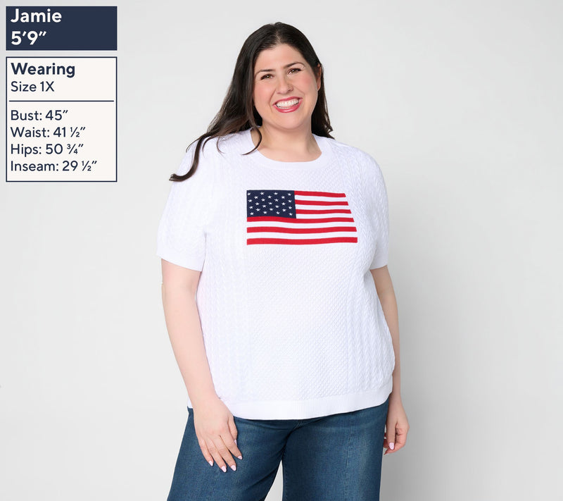 Joan Rivers 100% Cotton Cable Knit Elbow Sleeve Flag Sweater — View 2
