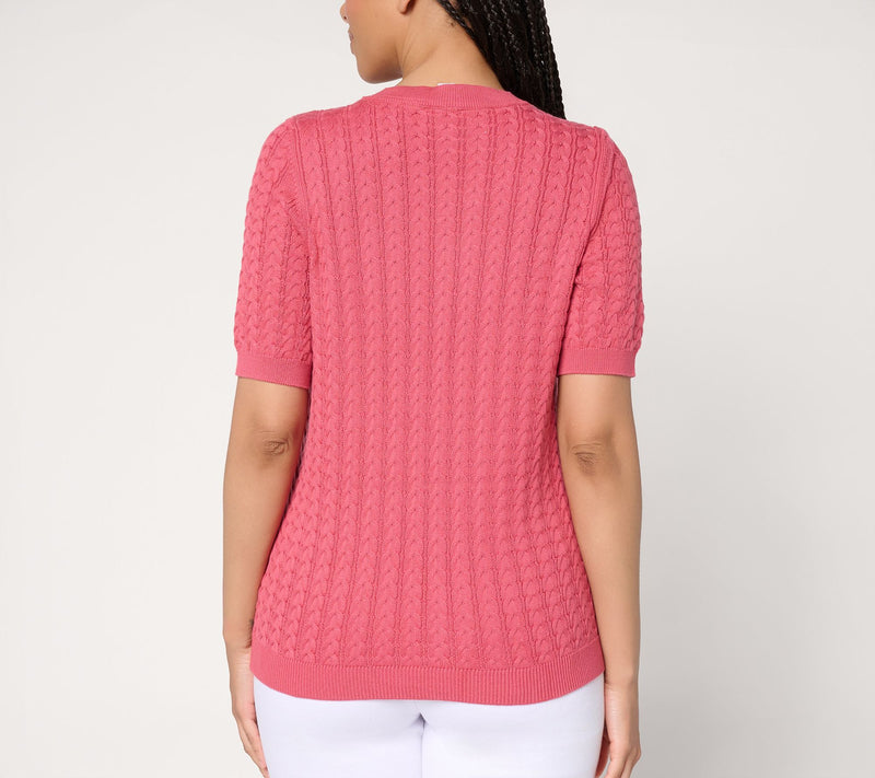 Joan Rivers 100% Cotton Cable Knit Elbow Sleeve Flag Sweater — View 4