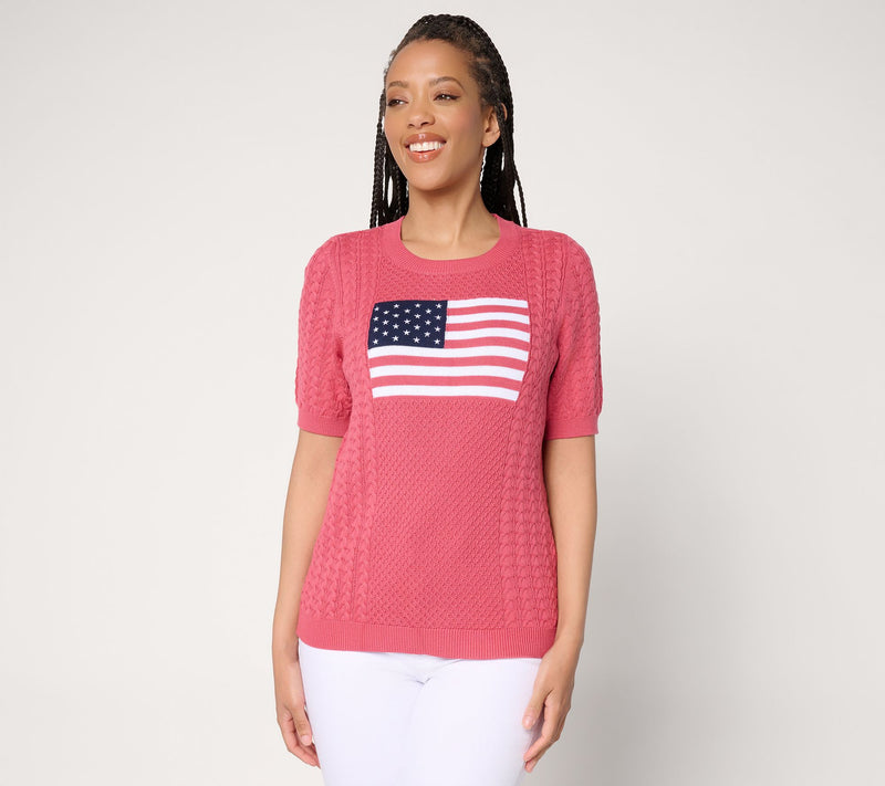 Joan Rivers 100% Cotton Cable Knit Elbow Sleeve Flag Sweater — View 14