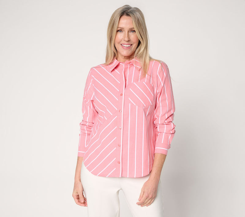 Joan Rivers Mixed Stripe Button-Front Girlfriend Shirt — View 10
