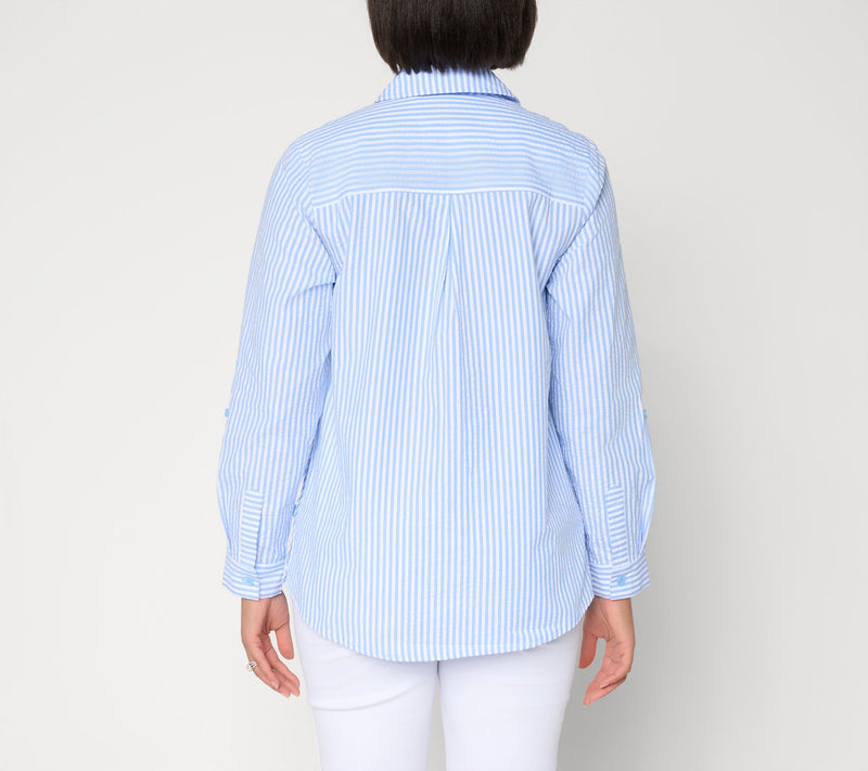 Joan Rivers Regular Seersucker Boyfriend Shirt w/ Button Side — View 6
