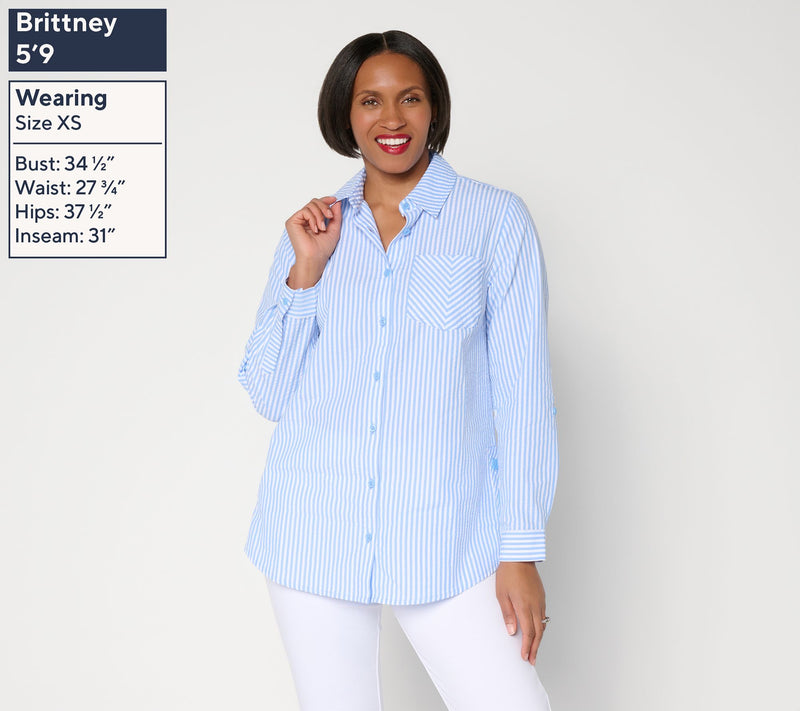 Joan Rivers Regular Seersucker Boyfriend Shirt w/ Button Side — View 5