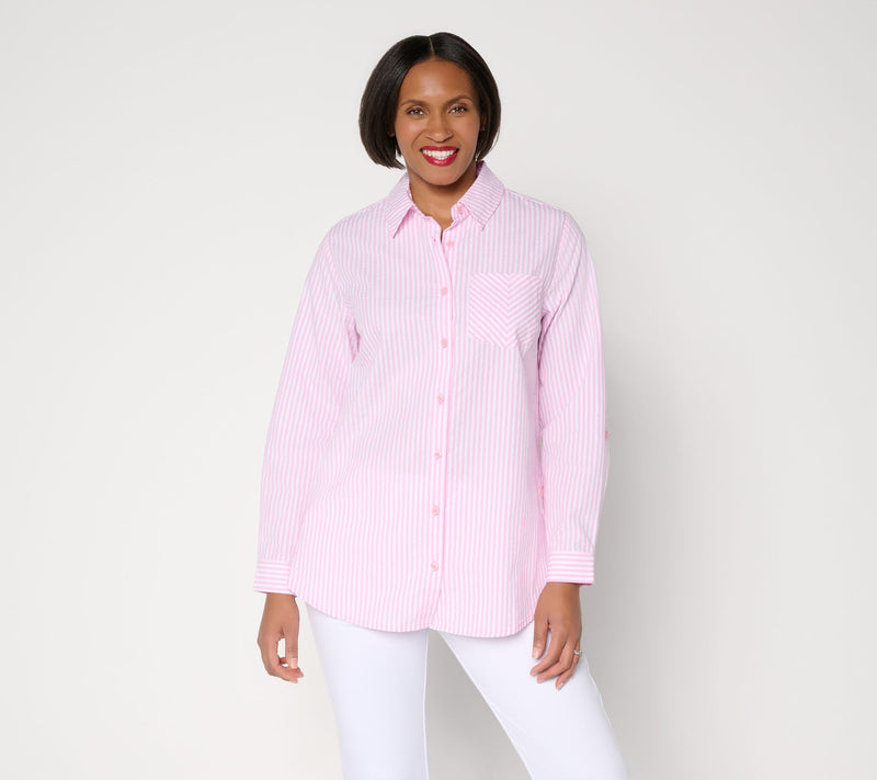 Joan Rivers Regular Seersucker Boyfriend Shirt w/ Button Side — View 16