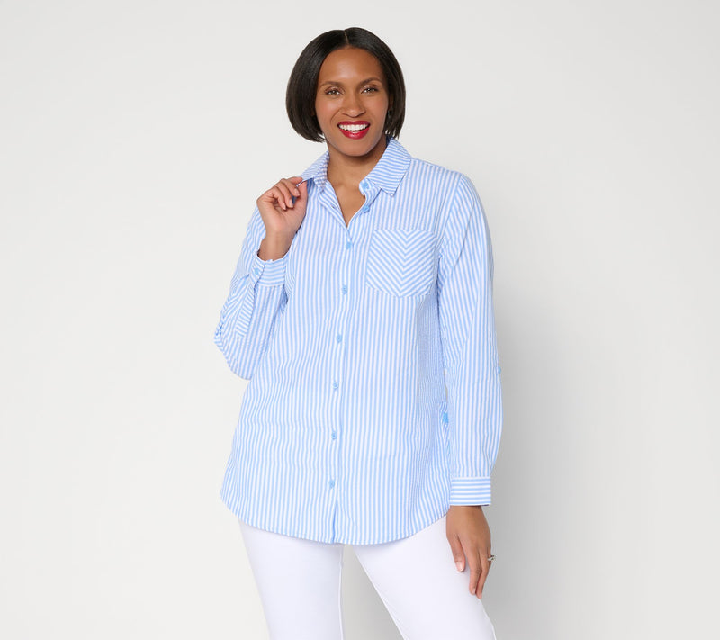 Joan Rivers Petite Seersucker Boyfriend Shirt w/ Button Side — Main view