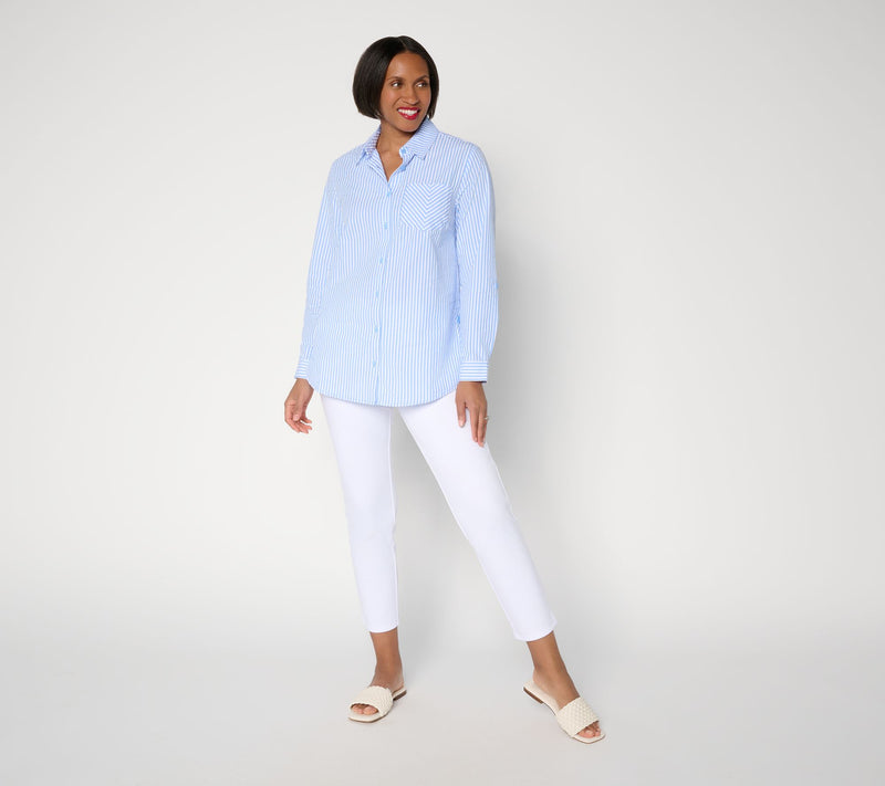 Joan Rivers Petite Seersucker Boyfriend Shirt w/ Button Side — View 15