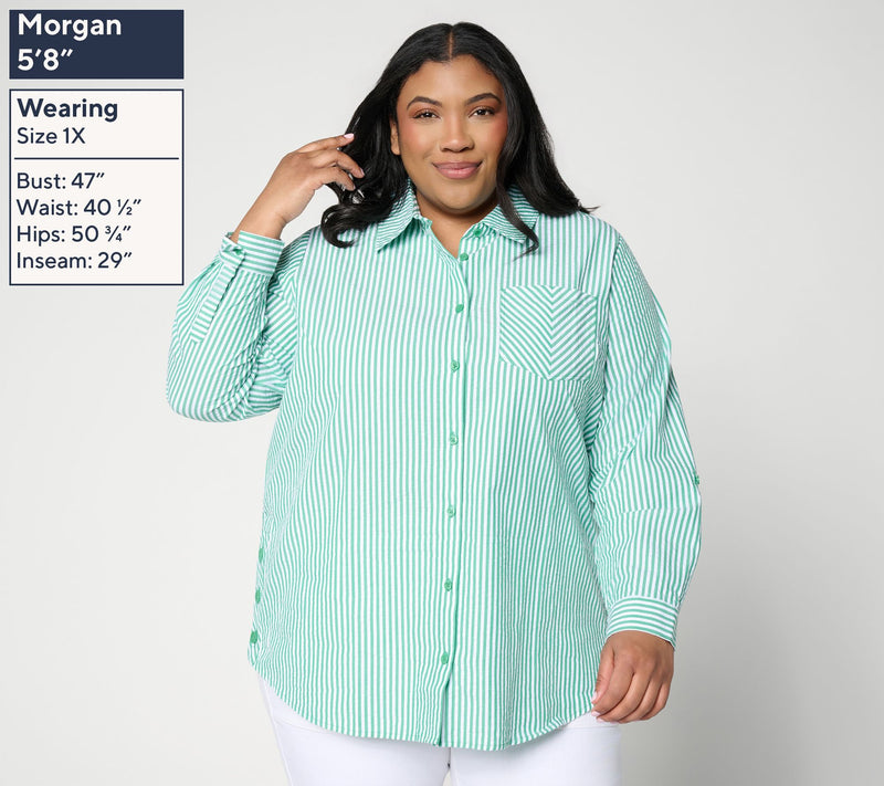 Joan Rivers Petite Seersucker Boyfriend Shirt w/ Button Side — View 12