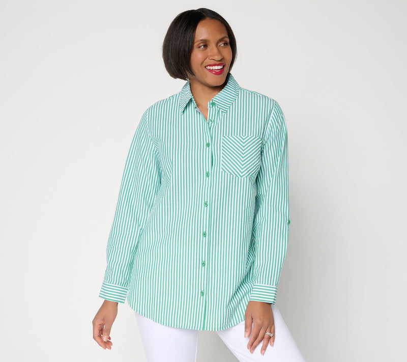 Joan Rivers Petite Seersucker Boyfriend Shirt w/ Button Side — View 7