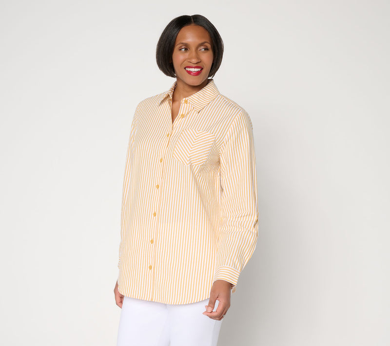 Joan Rivers Petite Seersucker Boyfriend Shirt w/ Button Side — View 9