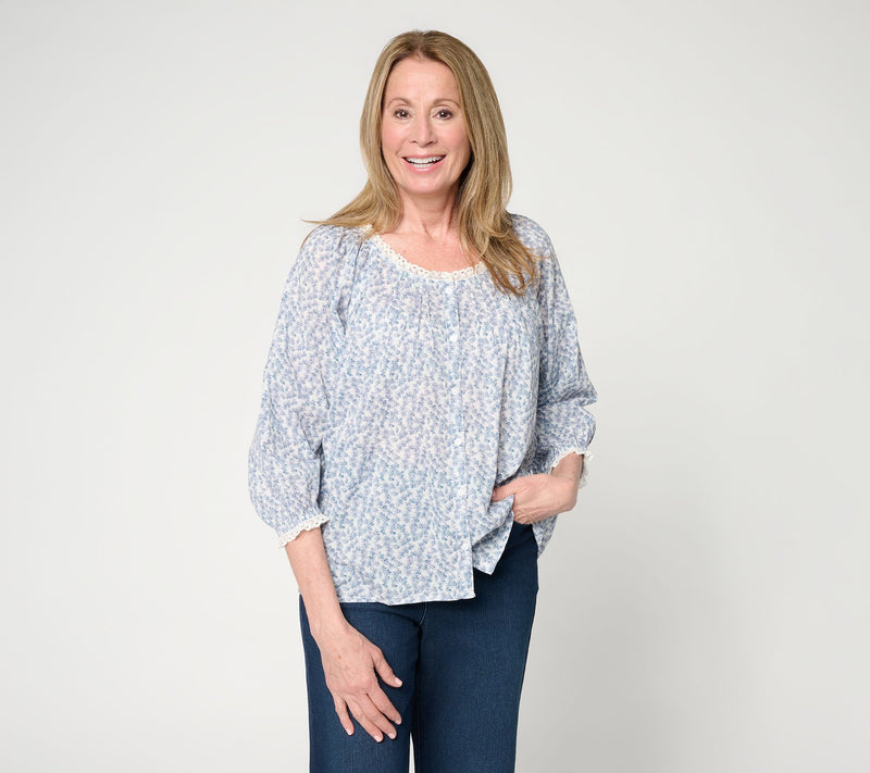 Me by Jennie Garth 100% Cotton Lace Detail Printed Blouse — Main view