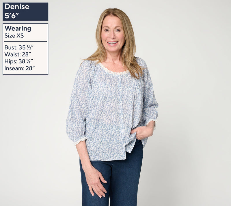 Me by Jennie Garth 100% Cotton Lace Detail Printed Blouse — View 3