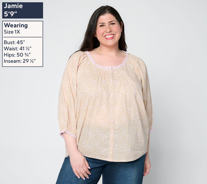 Me by Jennie Garth 100% Cotton Lace Detail Printed Blouse — View 2