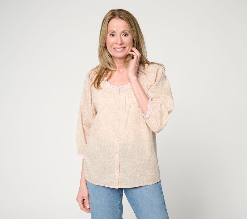 Me by Jennie Garth 100% Cotton Lace Detail Printed Blouse — View 14