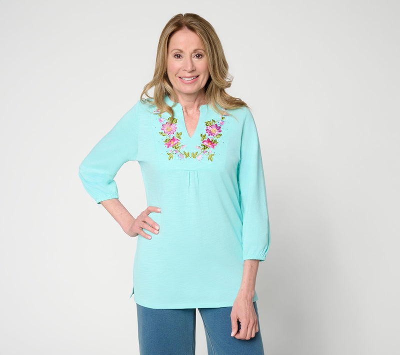Quacker Factory Petal Perfection Embroidered Puff Sleeve Top — Main view