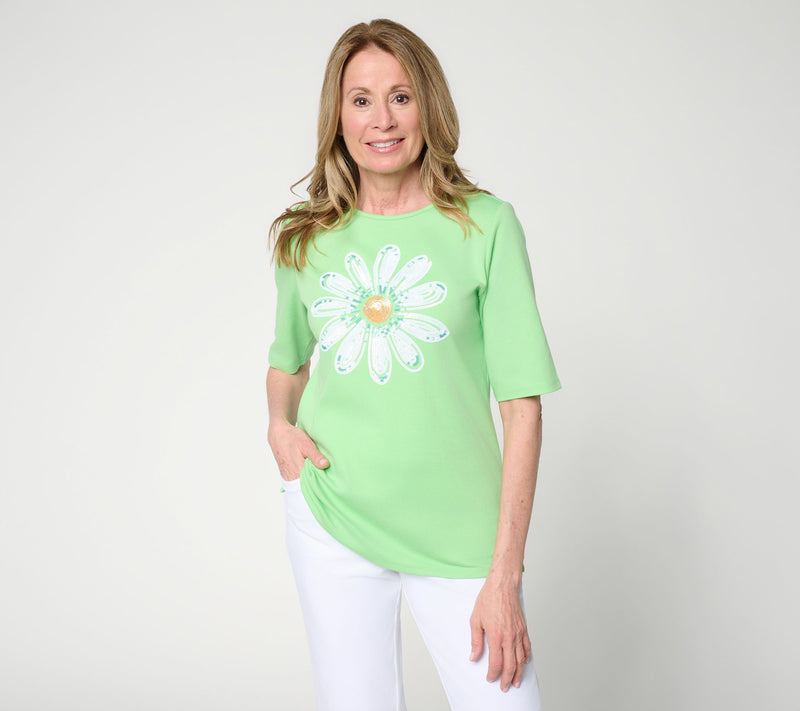 Quacker Factory Daisy Delight Sequin Elbow Sleeve Top — View 12