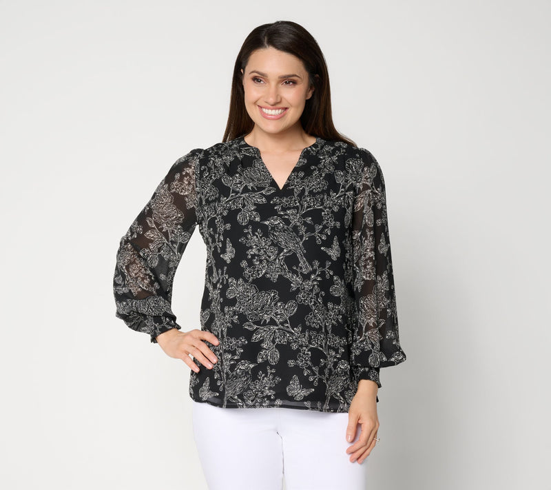Belle by Kim Gravel Toile Smocked Trim Chiffon Blouse — Main view