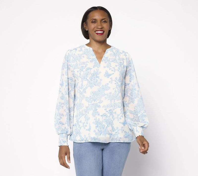 Belle by Kim Gravel Toile Smocked Trim Chiffon Blouse — View 11