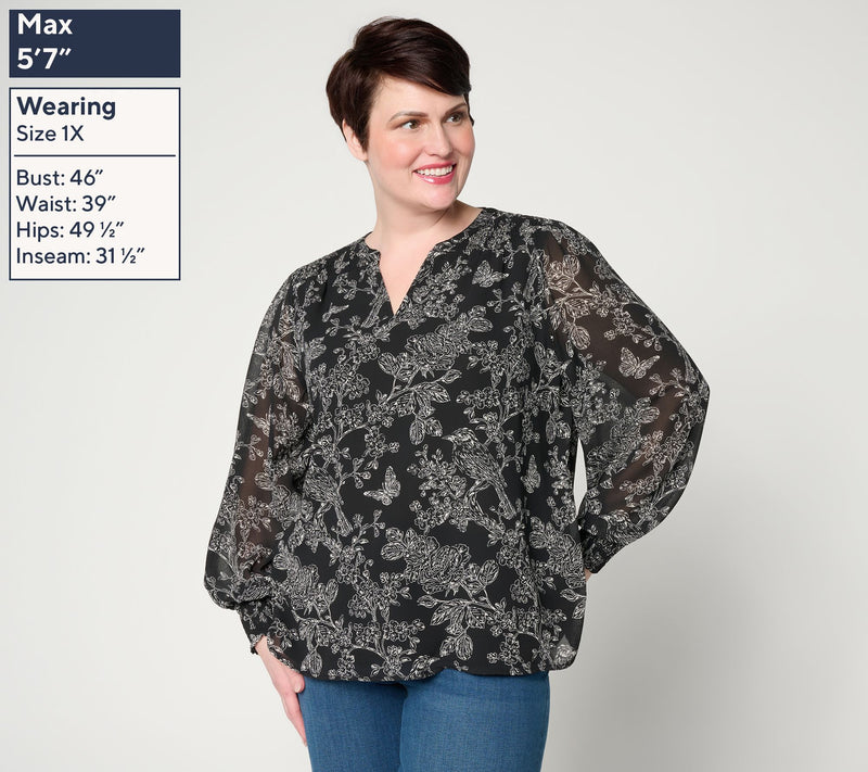 Belle by Kim Gravel Toile Smocked Trim Chiffon Blouse — View 6