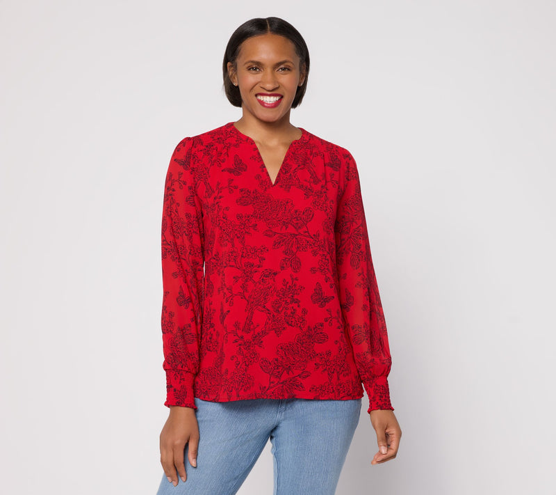 Belle by Kim Gravel Toile Smocked Trim Chiffon Blouse — View 5