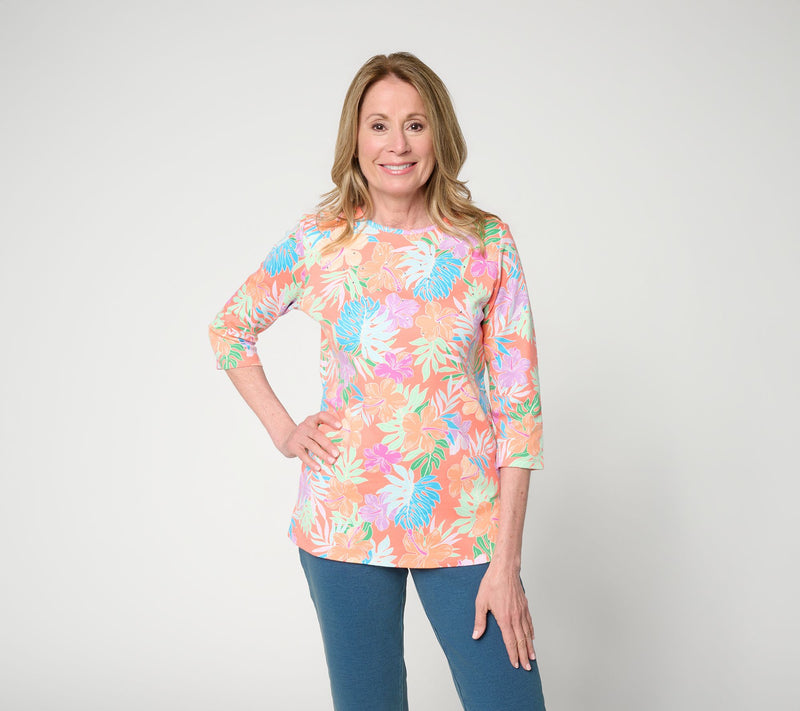 Quacker Factory Island Hopping Printed 3/4 Sleeve Top — Main view