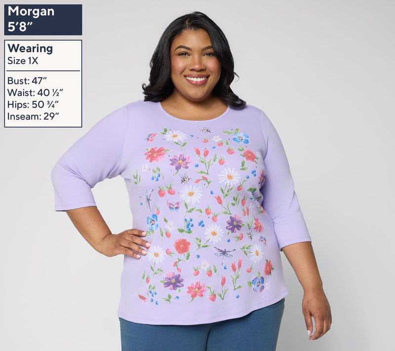 Quacker Factory Secret Garden Printed 3/4 Sleeve Top — View 2