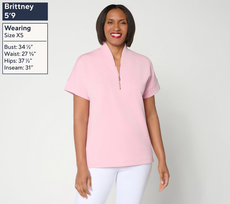 Belle by Kim Gravel ScubaLuxe Half Zip Short Sleeve Top — View 3