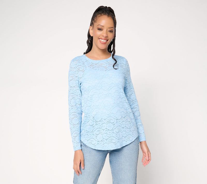LOGO Layers by Lori Goldstein Floral Lace Curved Hem Top — View 14