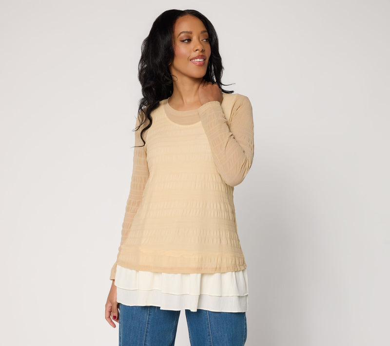 LOGO Layers by Lori Goldstein Textured Mesh Long Sleeve Top — View 5