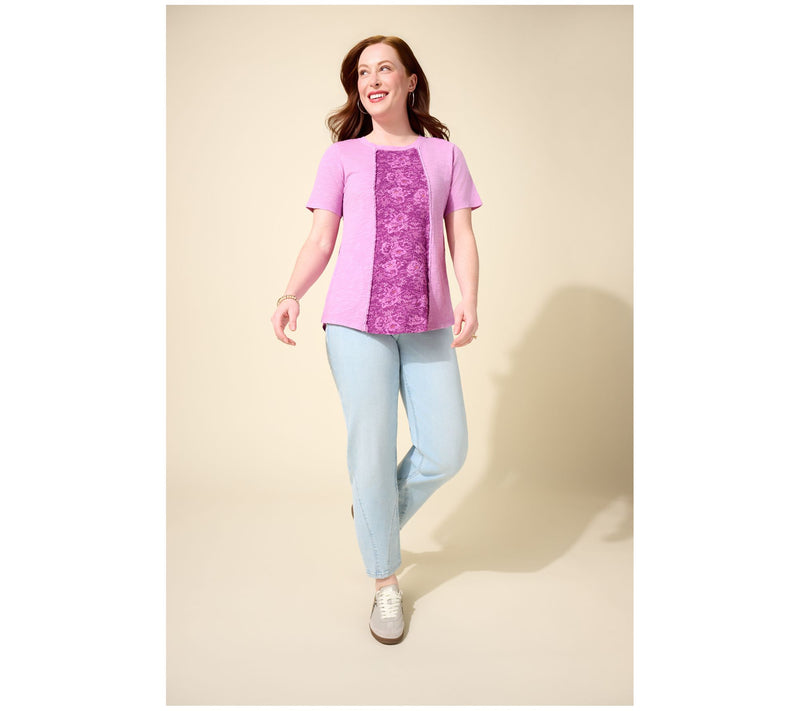LOGO by Lori Goldstein 100% Cotton Patchwork Top w/ Curved Hem — View 7