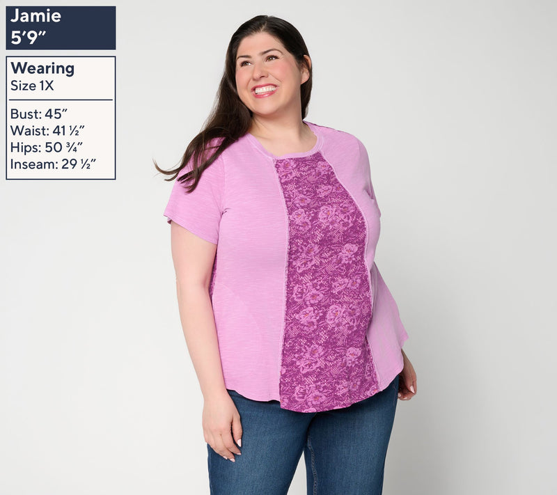 LOGO by Lori Goldstein 100% Cotton Patchwork Top w/ Curved Hem — View 2