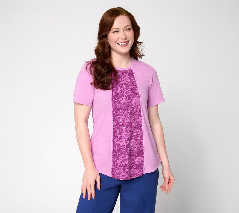 LOGO by Lori Goldstein 100% Cotton Patchwork Top w/ Curved Hem — View 12