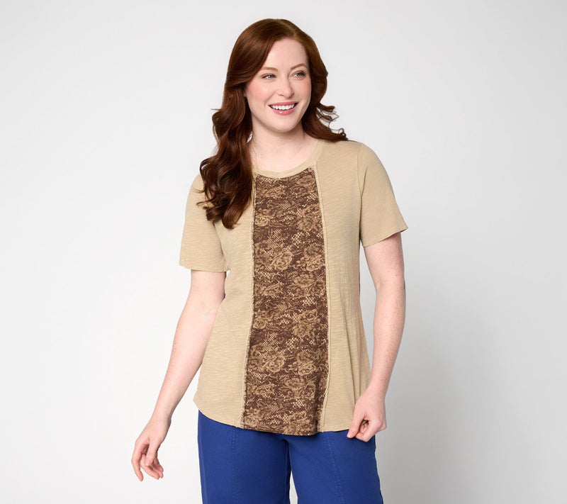 LOGO by Lori Goldstein 100% Cotton Patchwork Top w/ Curved Hem — View 13