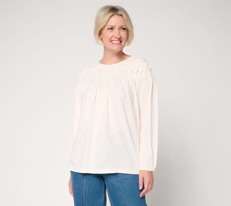 LOGO by Lori Goldstein 100% Cotton Pintuck Detail Long Sleeve Top — View 7