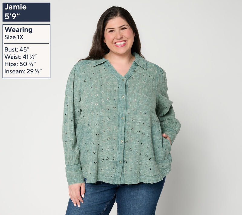 LOGO Lavish by Lori Goldstein Overdye Button Front Eyelet Shirt — View 2