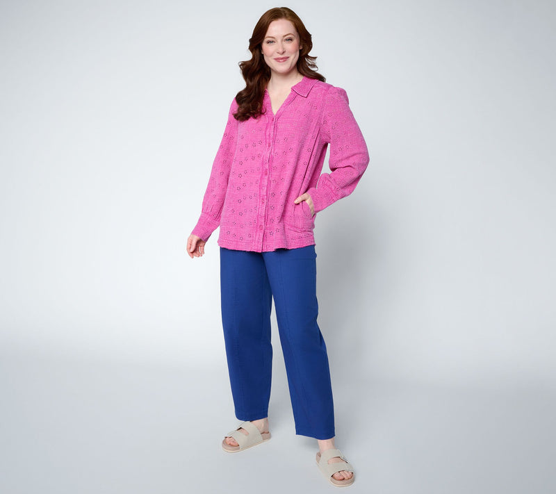 LOGO Lavish by Lori Goldstein Overdye Button Front Eyelet Shirt — View 5