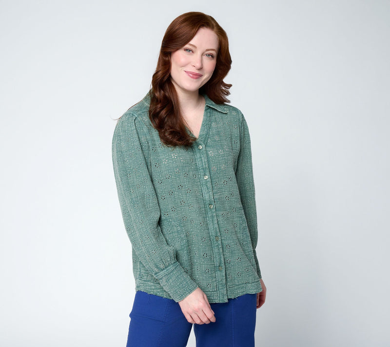 LOGO Lavish by Lori Goldstein Overdye Button Front Eyelet Shirt — View 10