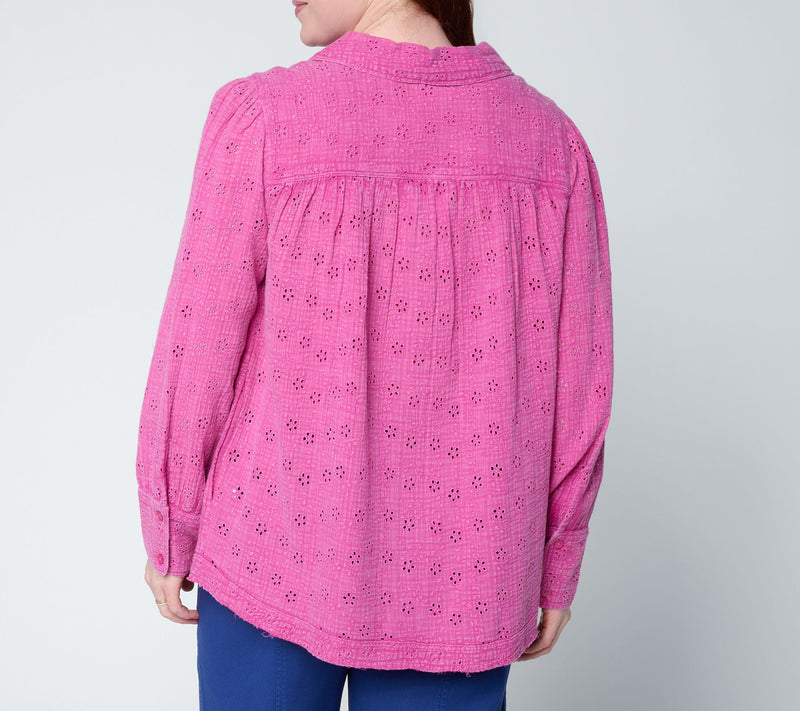 LOGO Lavish by Lori Goldstein Overdye Button Front Eyelet Shirt — View 4
