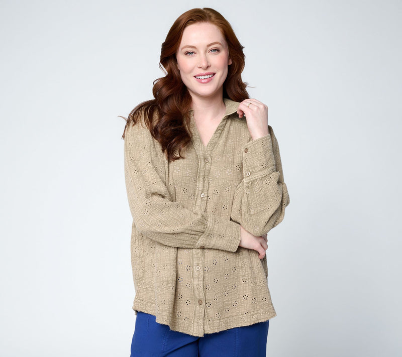 LOGO Lavish by Lori Goldstein Overdye Button Front Eyelet Shirt — View 11