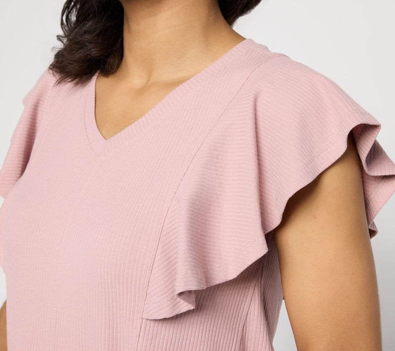 LOGO by Lori Goldstein Flutter Sleeve Knit Ribbed V-Neck Top — View 10