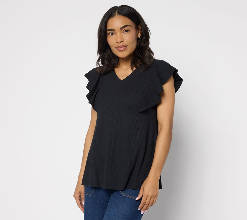 LOGO by Lori Goldstein Flutter Sleeve Knit Ribbed V-Neck Top — View 14