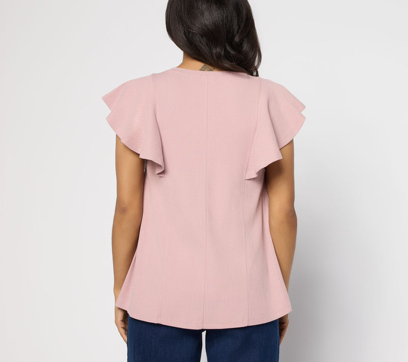 LOGO by Lori Goldstein Flutter Sleeve Knit Ribbed V-Neck Top — View 8