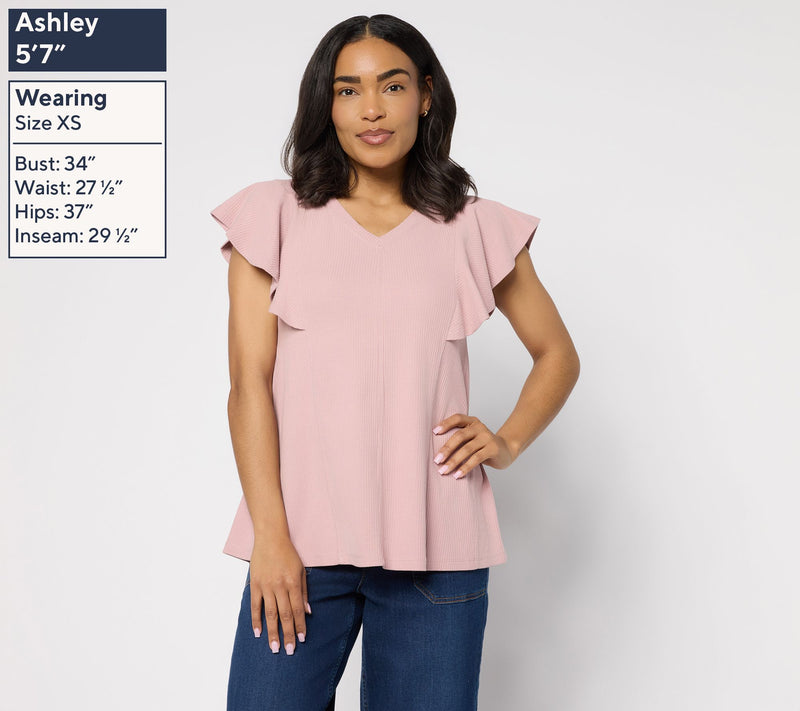 LOGO by Lori Goldstein Flutter Sleeve Knit Ribbed V-Neck Top — View 7