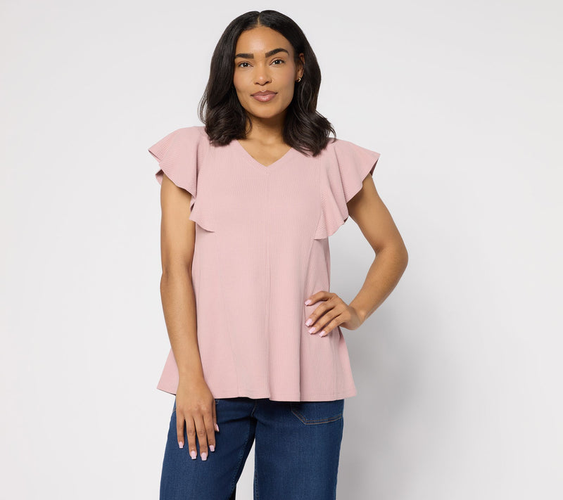 LOGO by Lori Goldstein Flutter Sleeve Knit Ribbed V-Neck Top — View 15